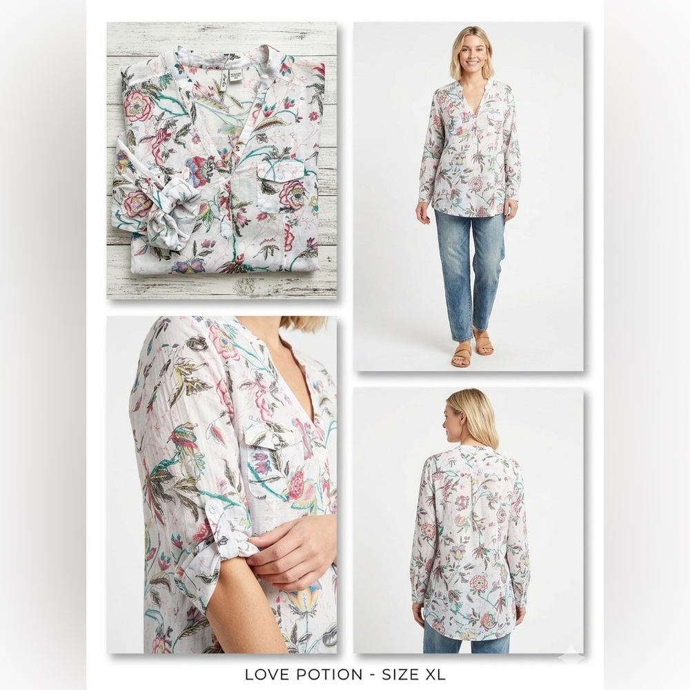 Floral 100% Cotton Henley Tunic Top by Love Potion - Size XL